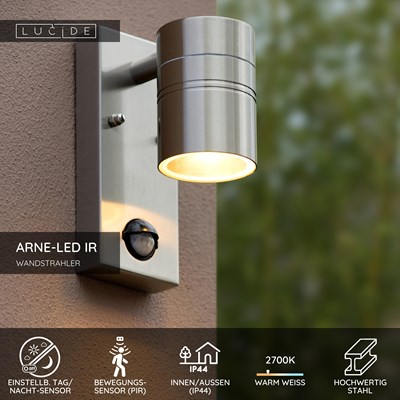 Lucide ARNE-LED IR - Wandstrahler / Wandleuchte Innen/Außen - Ø 6,3 cm - LED - GU10 - 1x5W 2700K - IP44 - Bewegung und Tag/Nacht-Sensor - Chrom Matt